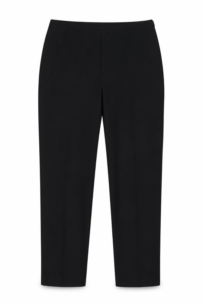 Front view of Lakeland women’s black polyester trousers, size UK 14, 29.5-inch leg regular zip