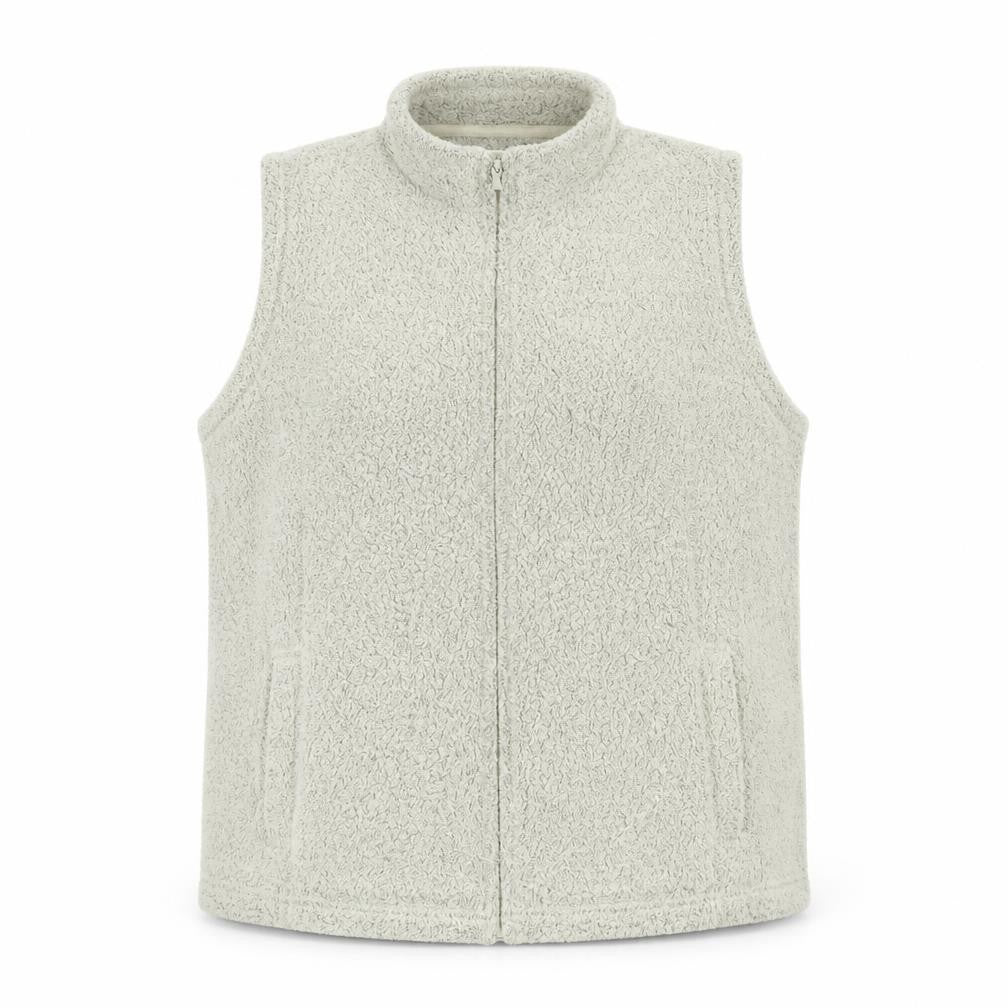 Front view of EWM women’s beige gilet jacket, size UK 14, zip -, size UK 14-16