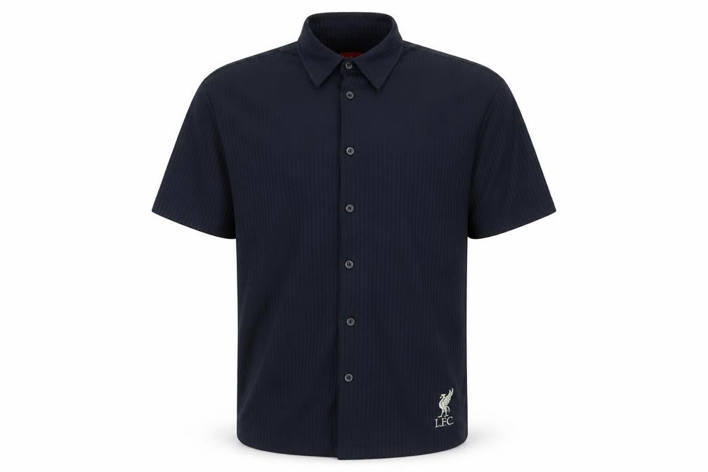 Front view of Liverpool FC men’s blue cotton button-up, size M, collared button