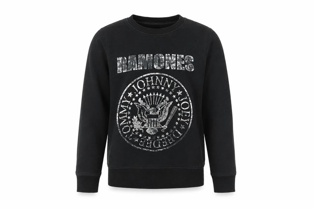 Front view of Ramones boys’ black cotton pullover sweatshirt, size 7-8, years pullover - ramones logo