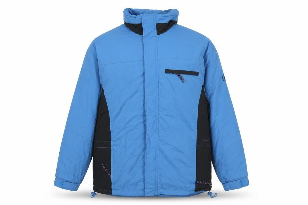 Front view of Cotton Traders men’s blue rain coat coat, size L, zip