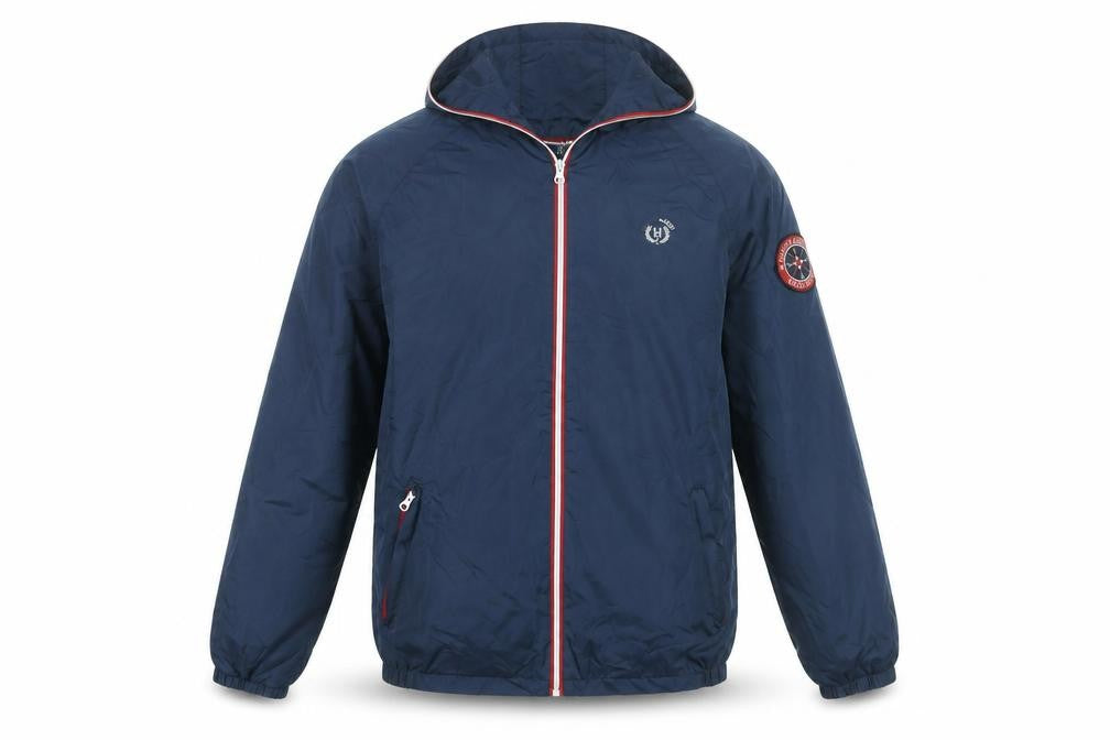 Front view of Harvey & Jones men’s blue jacket, size M, zip