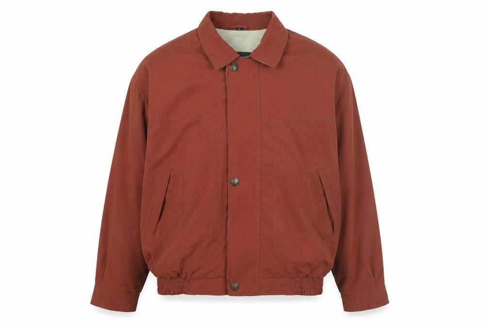 Front view of Dannimac men’s brown bomber jacket coat, size S, zip