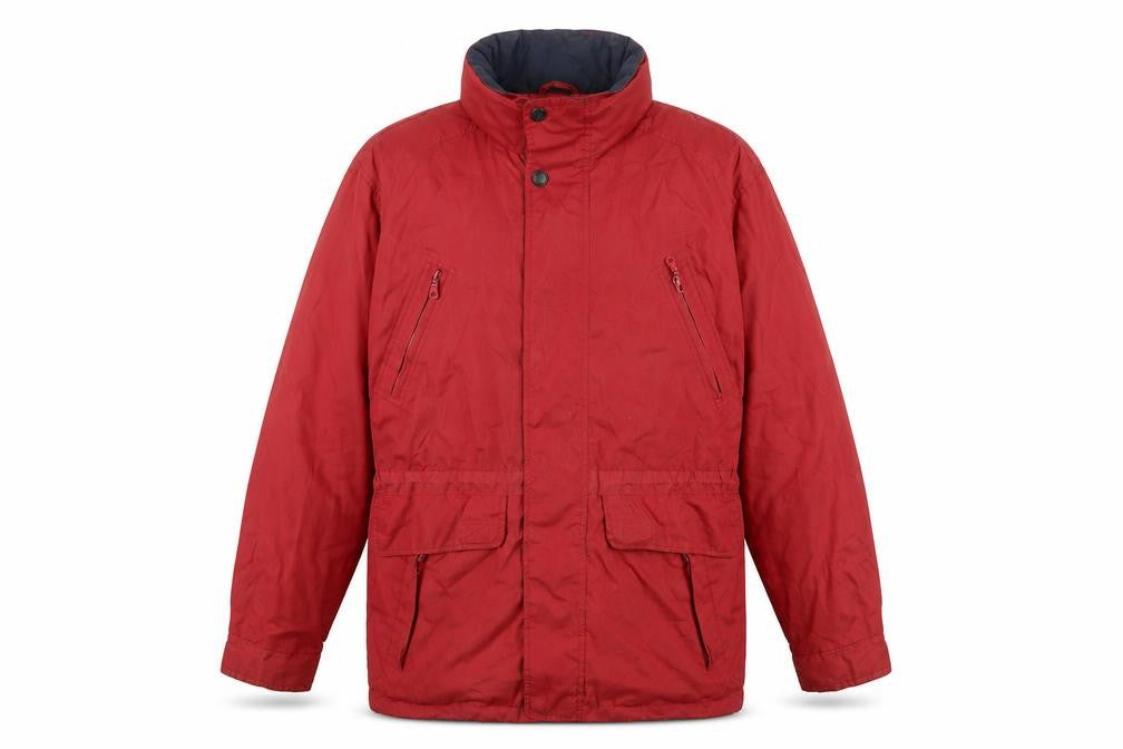 Front view of Hawkshead men’s red rain coat coat, size S, zip