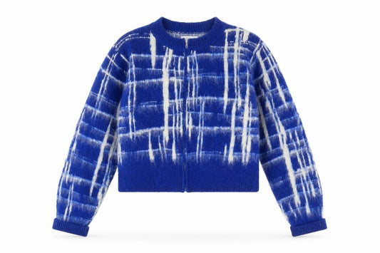Front view of Warehouse women’s blue geometric jacket, size M, zip