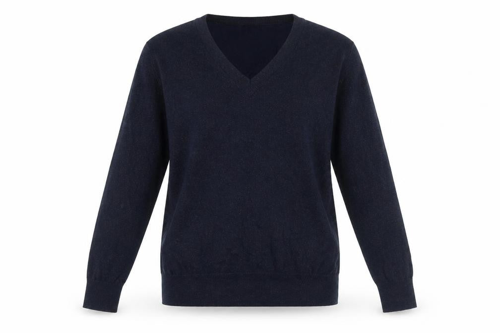 Front view of Gap women’s blue v-neck cotton jumper, size M