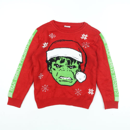 Marvel Boys Red Round Neck Acrylic Pullover Jumper Size 7-8 Years Pullover - The Hulk, Christmas Jumper