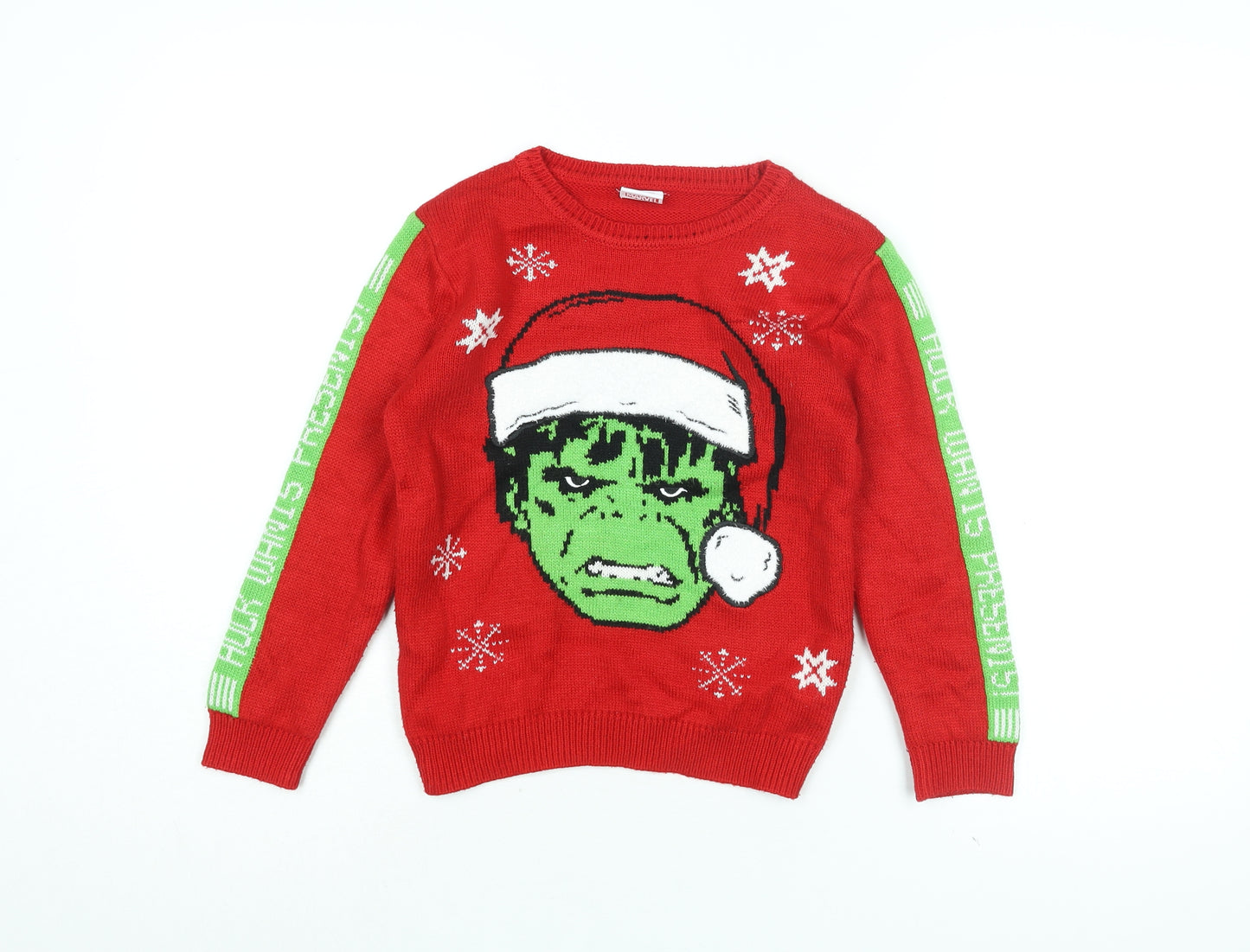 Marvel Boys Red Round Neck Acrylic Pullover Jumper Size 7-8 Years Pullover - The Hulk, Christmas Jumper