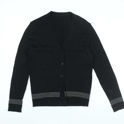 St Michael Womens Black V-Neck Striped Acrylic Cardigan Jumper Size 16