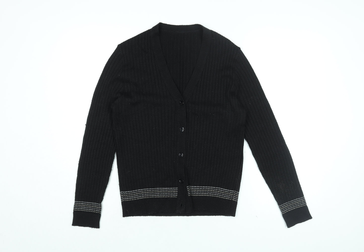 St Michael Womens Black V-Neck Striped Acrylic Cardigan Jumper Size 16
