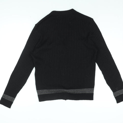 St Michael Womens Black V-Neck Striped Acrylic Cardigan Jumper Size 16