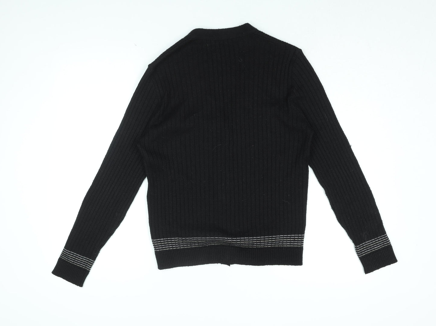 St Michael Womens Black V-Neck Striped Acrylic Cardigan Jumper Size 16