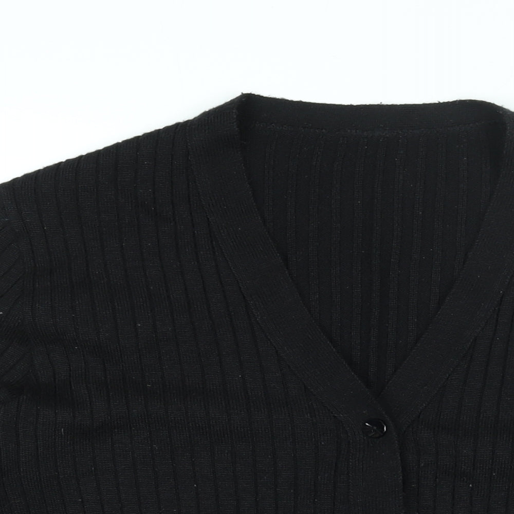 St Michael Womens Black V-Neck Striped Acrylic Cardigan Jumper Size 16