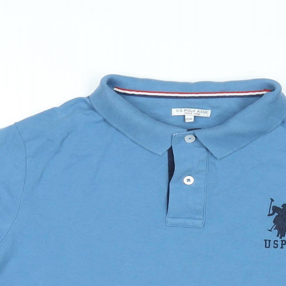 US Polo Assn. Boys Blue Cotton Basic T-Shirt Size 15-16 Years Collared Button - USPA