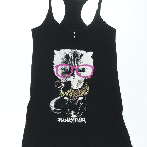 Funky Fish Womens Black Cotton Basic Tank Size L Scoop Neck - Cat Print