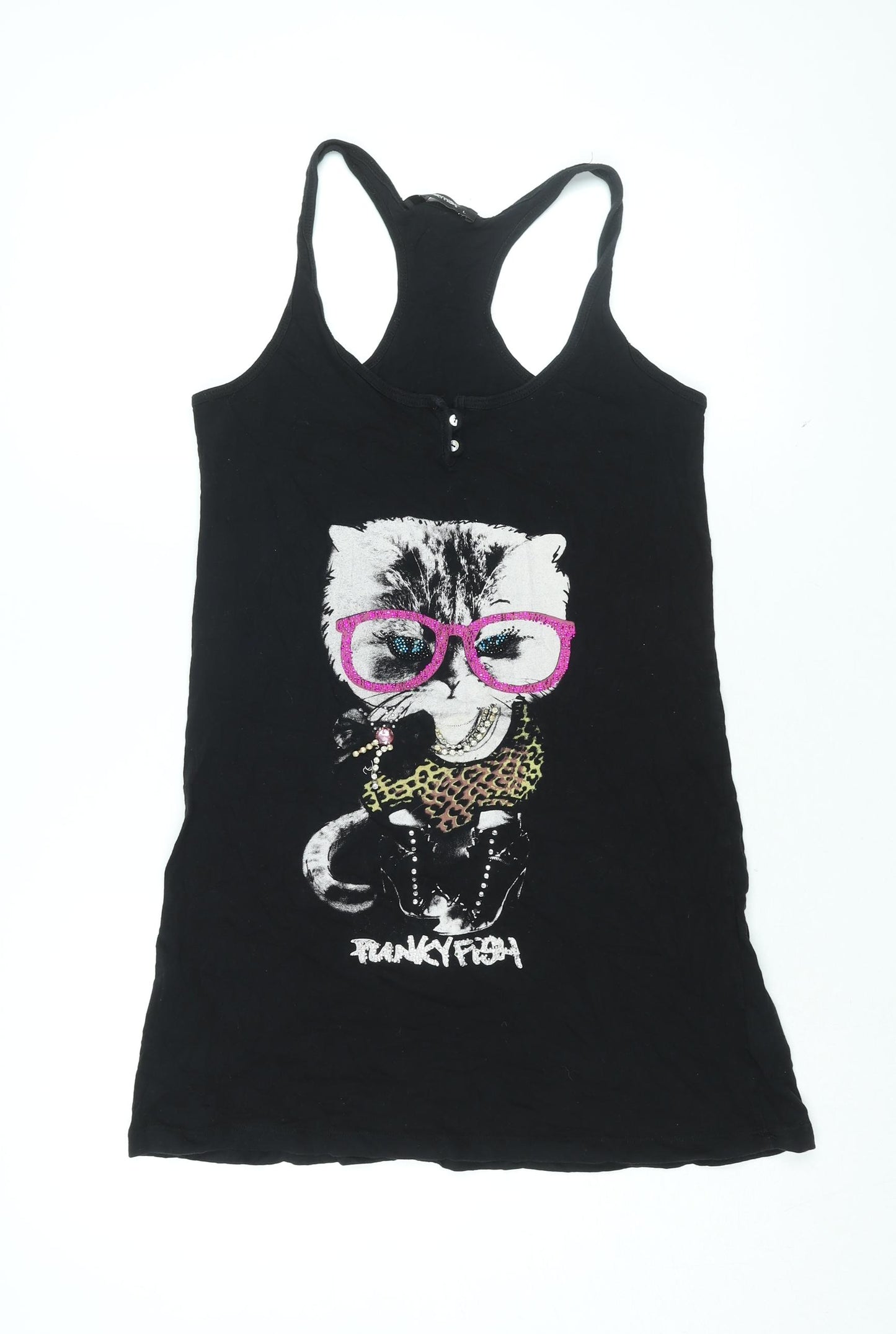 Funky Fish Womens Black Cotton Basic Tank Size L Scoop Neck - Cat Print