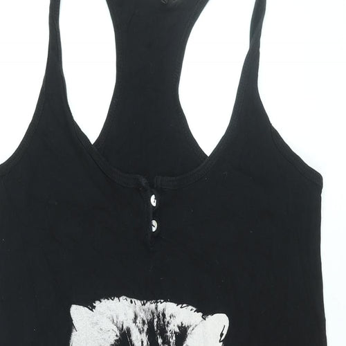 Funky Fish Womens Black Cotton Basic Tank Size L Scoop Neck - Cat Print