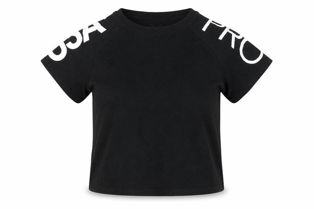 Front view of USA Pro women’s black cotton basic t-shirt, size UK 10, round neck - usa pro