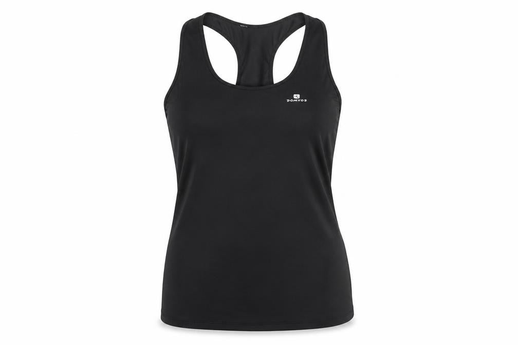 Front view of Decathlon women’s black polyester basic tank, size M, round neck pullover