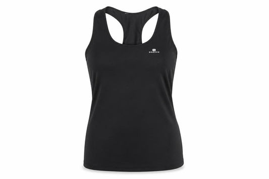 Front view of Decathlon women’s black polyester basic tank, size M, round neck pullover