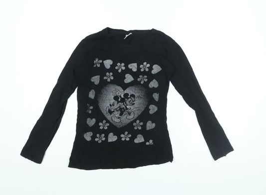 Front view of Disney girls’ blue cotton basic t-shirt, size L, round neck pullover - mickey mouse, heart print