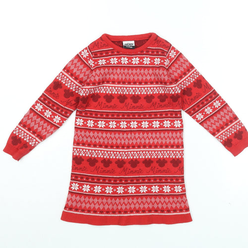 Disney Girls Red Geometric Cotton Shift Size 3-4 Years Round Neck Pullover - Mickey Mouse Christmas