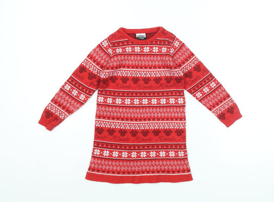 Disney Girls Red Geometric Cotton Shift Size 3-4 Years Round Neck Pullover - Mickey Mouse Christmas