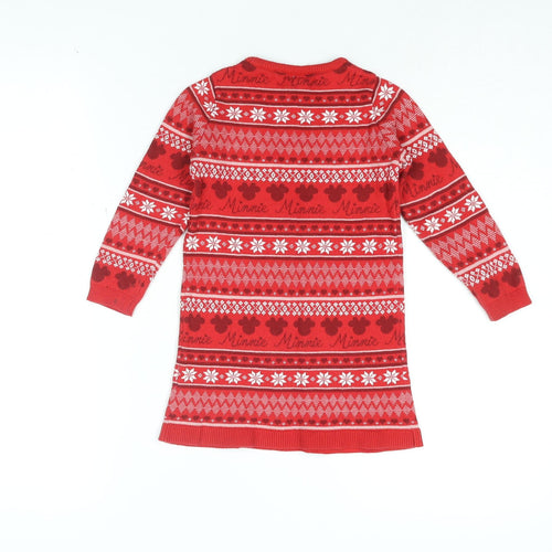 Disney Girls Red Geometric Cotton Shift Size 3-4 Years Round Neck Pullover - Mickey Mouse Christmas