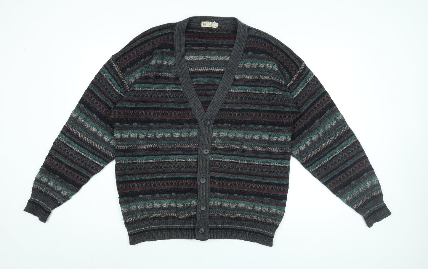 ONUS Mens Grey V-Neck Geometric Wool Cardigan Jumper Size M Long Sleeve
