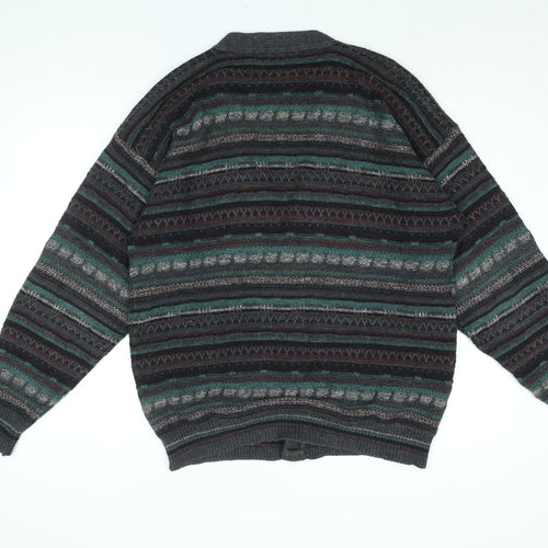 ONUS Mens Grey V-Neck Geometric Wool Cardigan Jumper Size M Long Sleeve