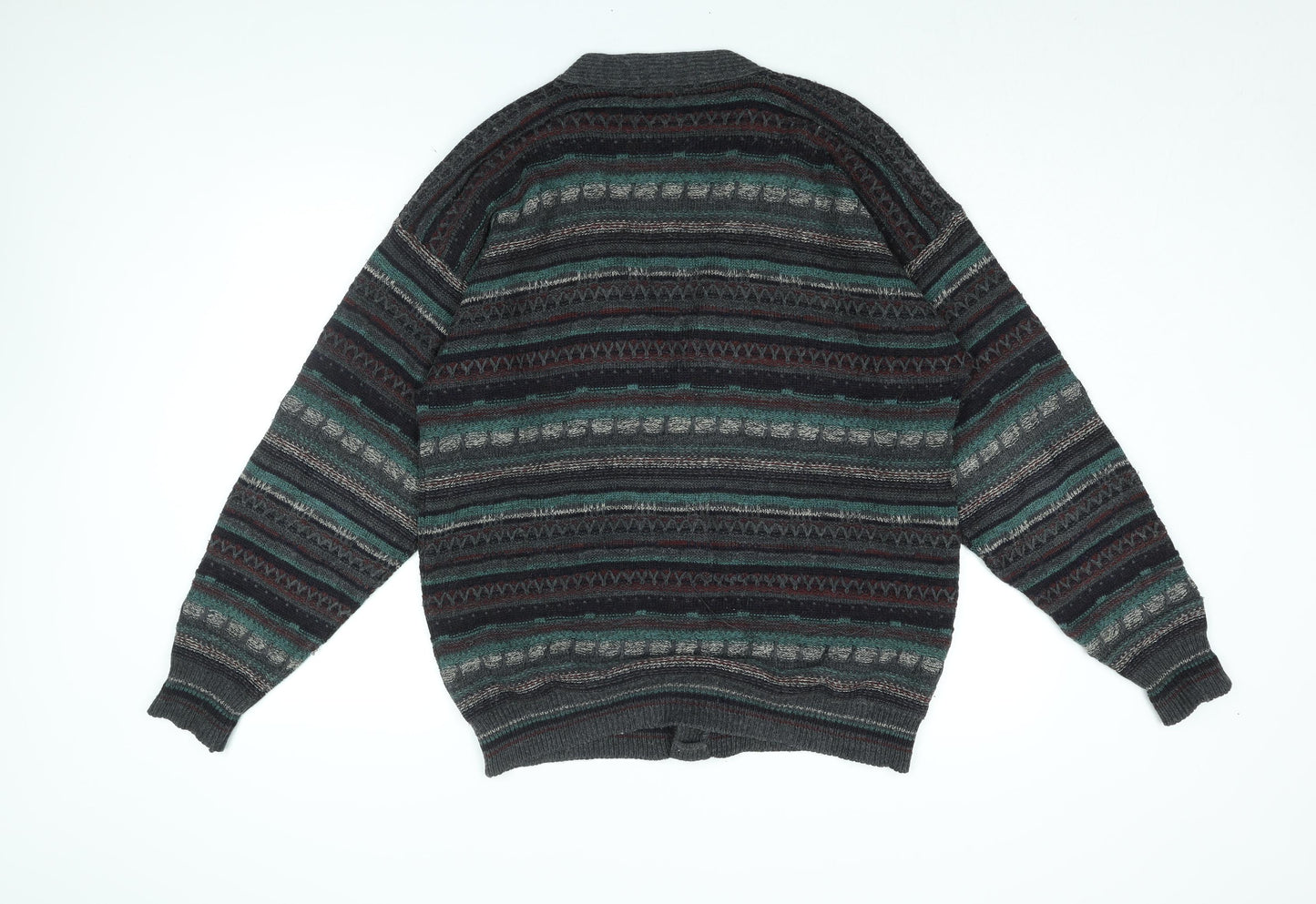 ONUS Mens Grey V-Neck Geometric Wool Cardigan Jumper Size M Long Sleeve
