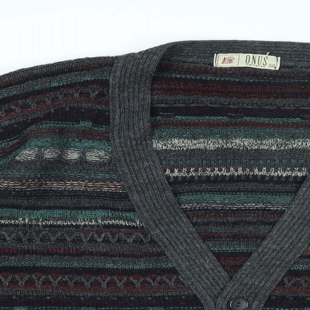 ONUS Mens Grey V-Neck Geometric Wool Cardigan Jumper Size M Long Sleeve