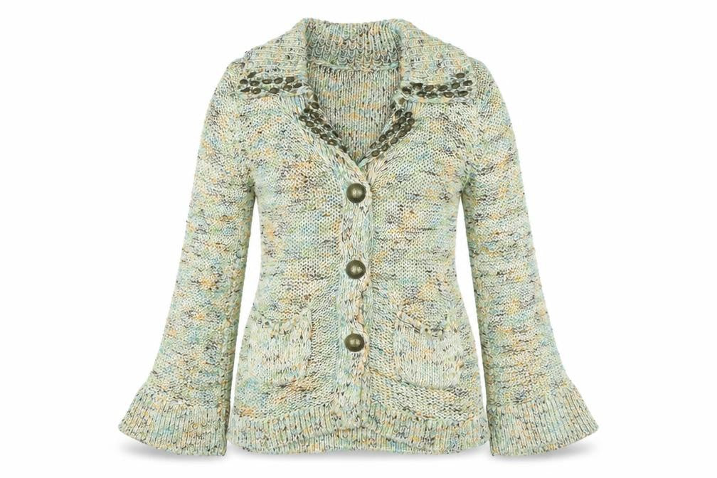 Front view of Vertigo women’s multicoloured collared acrylic cardigan jumper, size S