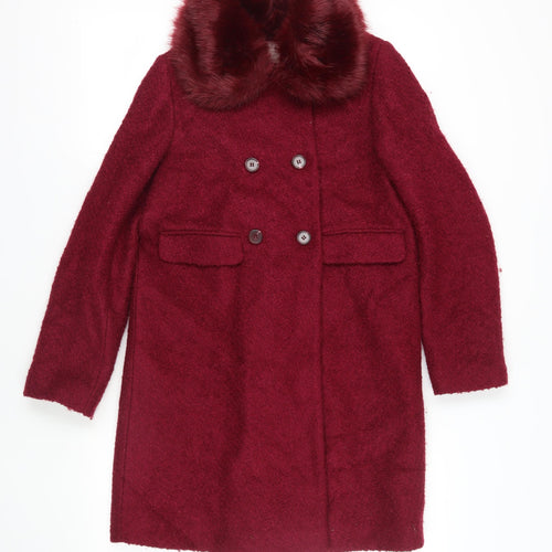 John Lewis Womens Red Pea Coat Coat Size 12 Button - Faux Fur Collar