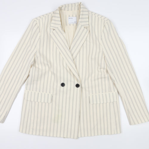 Bershka Womens Ivory Striped Jacket Blazer Size L Button