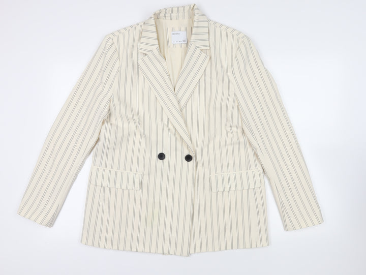 Bershka Womens Ivory Striped Jacket Blazer Size L Button