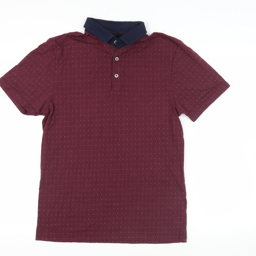 Marks and Spencer Mens Red Geometric Cotton Polo Size S Collared Button