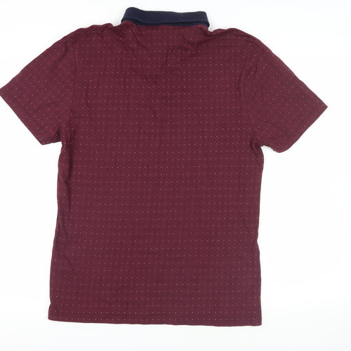 Marks and Spencer Mens Red Geometric Cotton Polo Size S Collared Button
