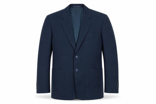 Front view of André Cori men’s blue polyester jacket blazer, size 42, regular