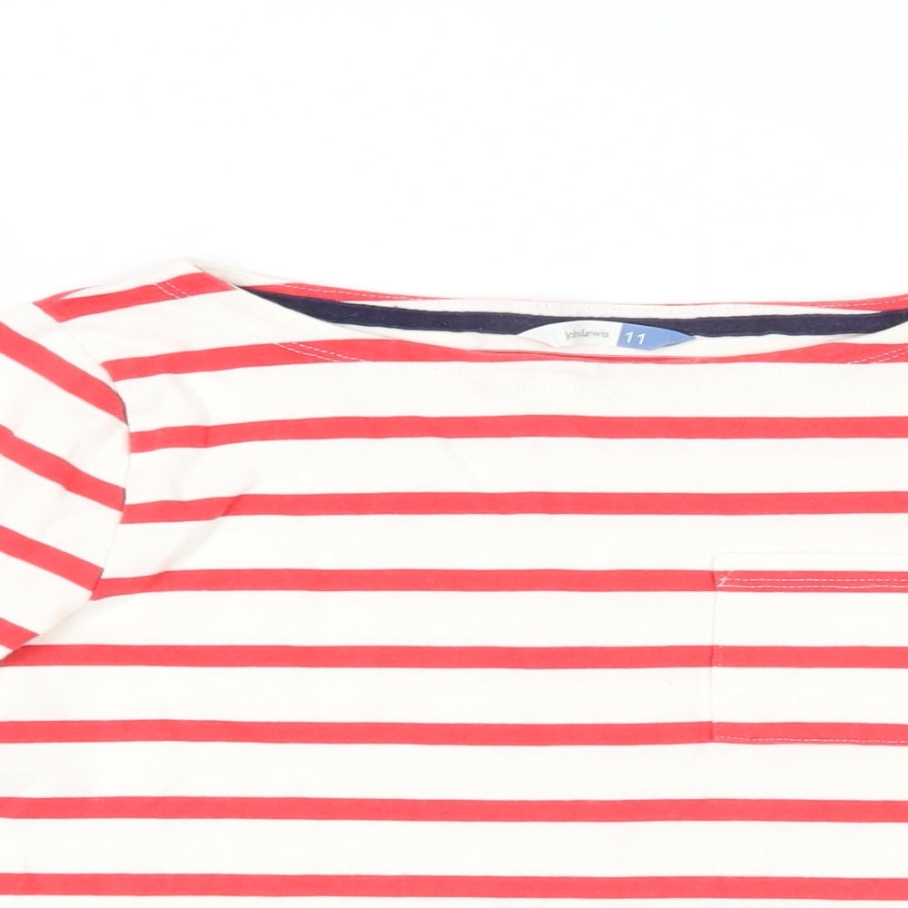 John Lewis Girls Red Striped Cotton Pullover T-Shirt Size 11 Years Boat Neck Pullover - Pocket Detail