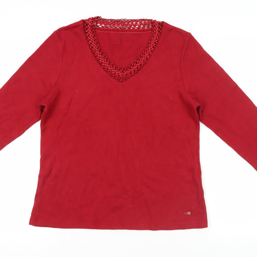 DASH Womens Red Cotton Basic Blouse Size 12 V-Neck - Beaded Neckline
