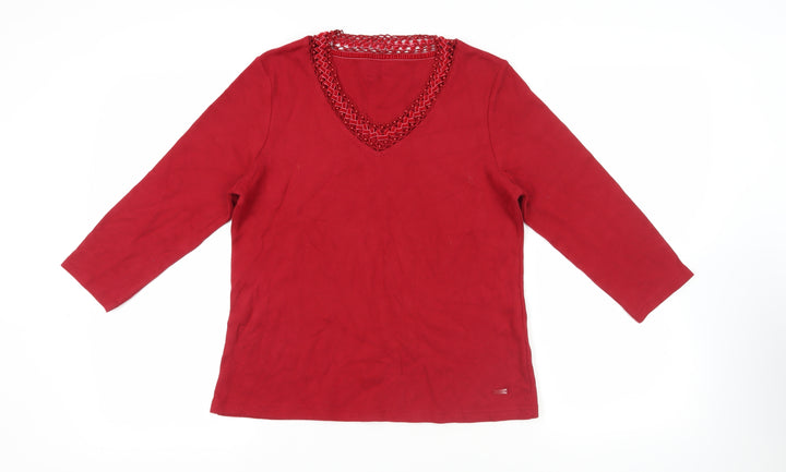 DASH Womens Red Cotton Basic Blouse Size 12 V-Neck - Beaded Neckline