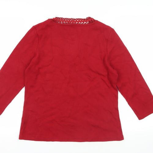 DASH Womens Red Cotton Basic Blouse Size 12 V-Neck - Beaded Neckline