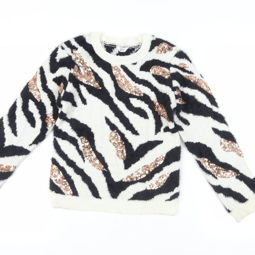Sonder Girls Black Crew Neck Animal Print Nylon Pullover Jumper Size 10-11 Years Pullover - Zebra Print Sequins