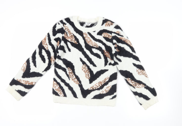 Sonder Girls Black Crew Neck Animal Print Nylon Pullover Jumper Size 10-11 Years Pullover - Zebra Print Sequins