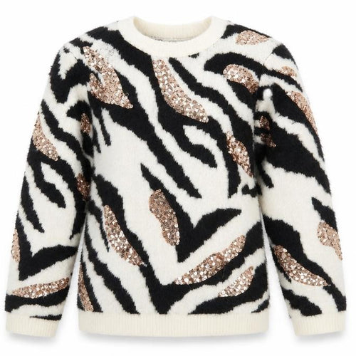 Sonder Girls Black Crew Neck Animal Print Nylon Pullover Jumper Size 10-11 Years Pullover - Zebra Print Sequins