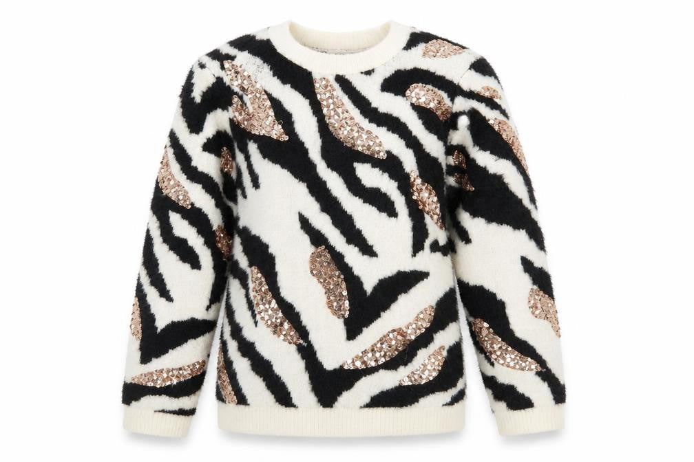 Sonder Girls Black Crew Neck Animal Print Nylon Pullover Jumper Size 10-11 Years Pullover - Zebra Print Sequins