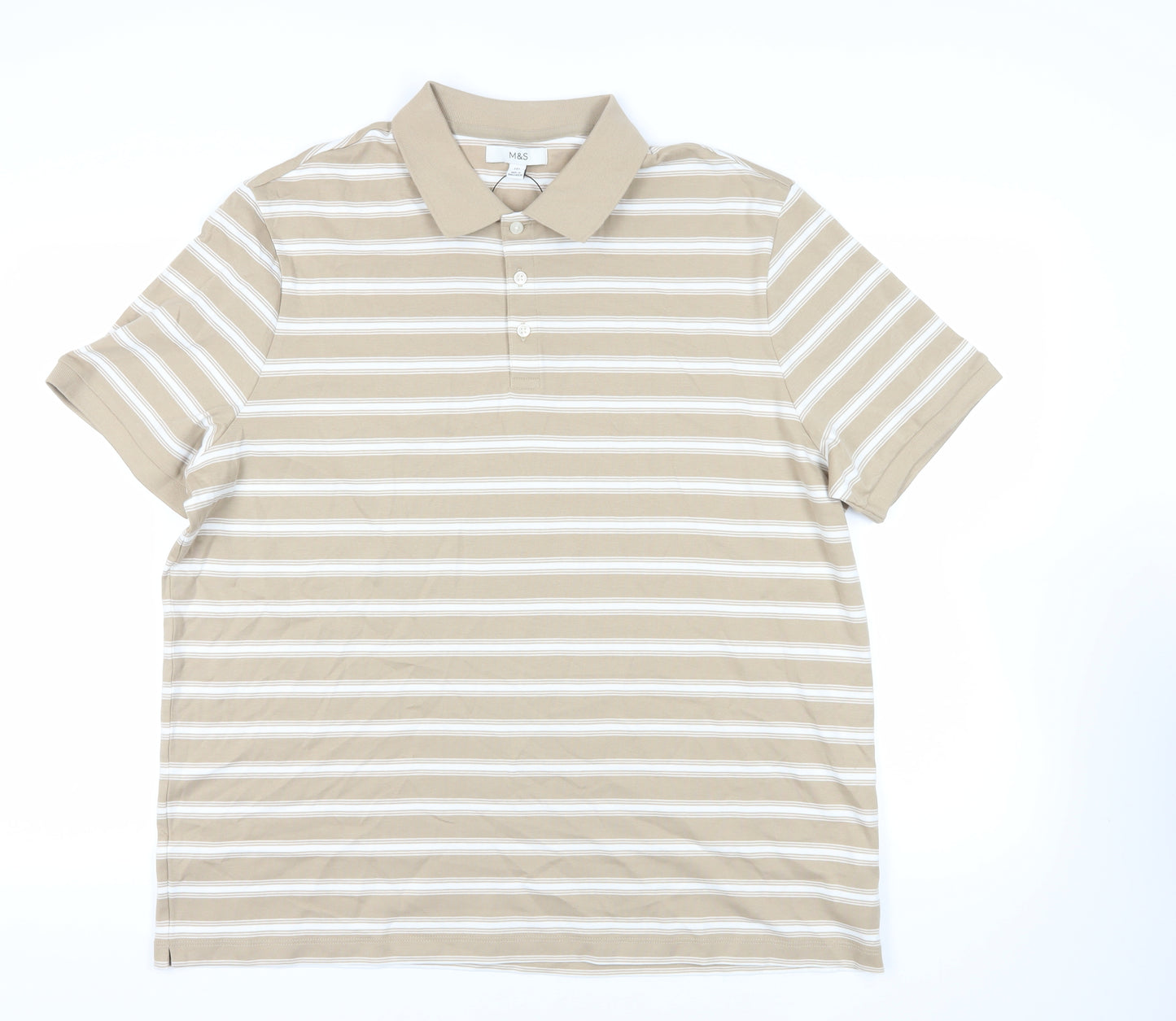 Marks and Spencer Mens Beige Striped Cotton Polo Size 2XL Collared Button