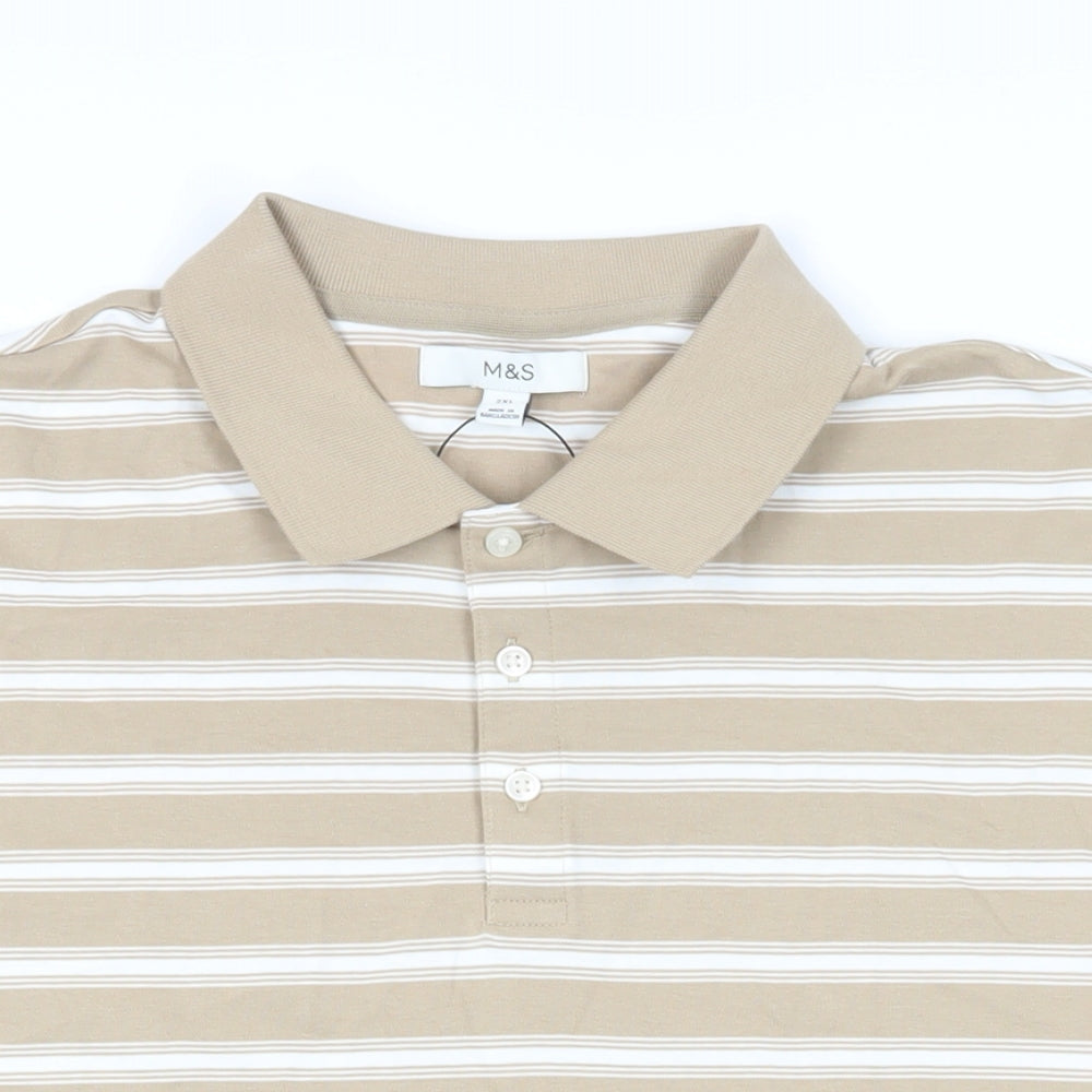 Marks and Spencer Mens Beige Striped Cotton Polo Size 2XL Collared Button