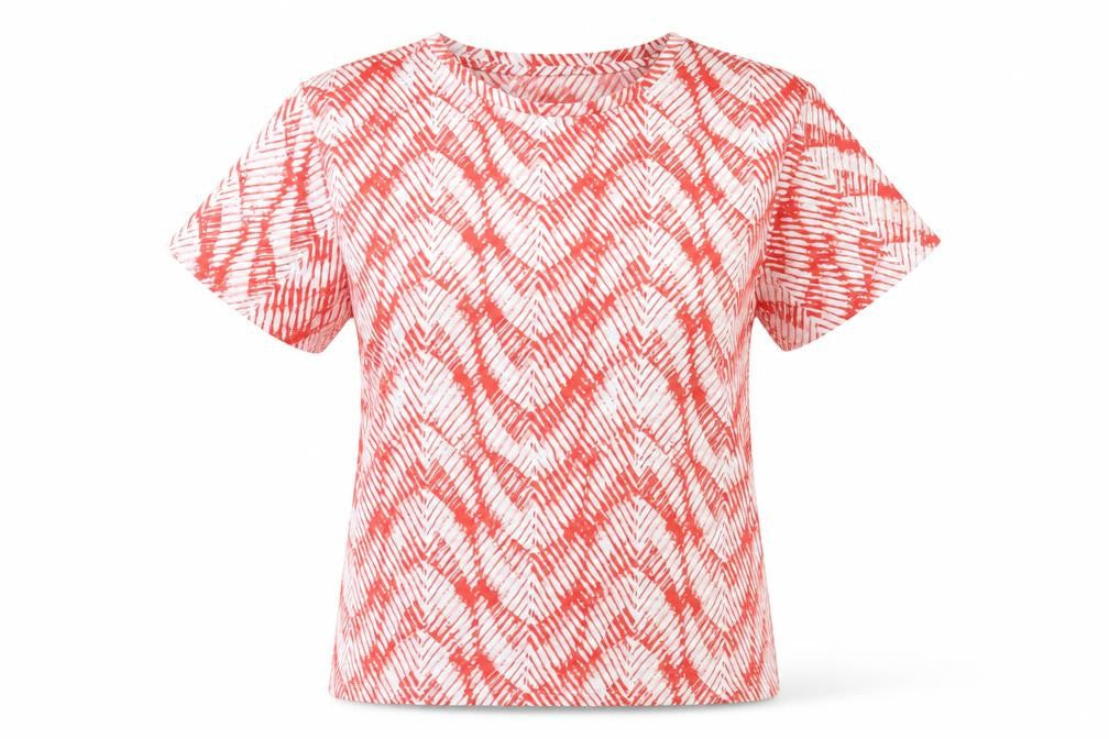 Front view of Marks & Spencer women’s red geometric polyester basic t-shirt, size UK 12, crew neck